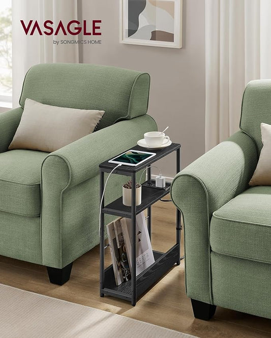 VASAGLE Side Tables with Charging Station, Set of 2 Narrow End Tables, 3-Tier Nightstands, Sofa Tables for Small Spaces, for Living Room, Bedroom, Study, Ebony Black and Ink Black ULCT664B01