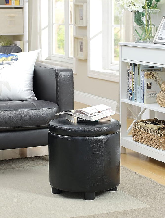 Convenience Concepts Designs4Comfort Round Accent Storage Ottoman in Black Faux Leather Fabric