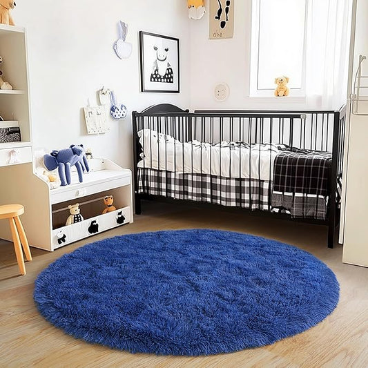 4'x4' Blue Round Rug for Bedroom, Ultra Soft Fluffy Circle Rug for Kids Girls Boys Room, Cute Shag Rugs for Living Room Playroom Teen Room Home Decor Rug