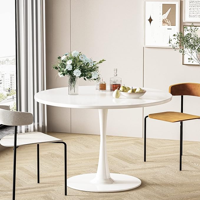 DKLGG White Round Dining Table, 42.1" Tulip Table Kitchen Dining Table 4-6 People with MDF Tabletop & Pedestal Base, Mid-Century End Leisure Coffee Office Living Room Table