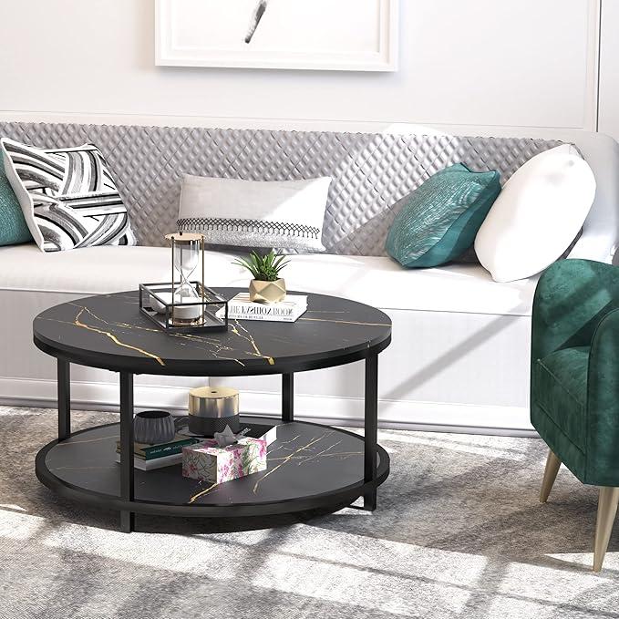 WiberWi Round Coffee Table Black Coffee Tables for Living Room 35.8" Faux Marble Top Circle Table Furniture Sturdy Metal Frame Legs Cocktail Table with Storage Open Shelf