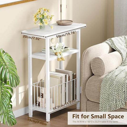 Heybly Small Narrow Side Table for Small Space, Thin Bedside Table with Storage Basket, Skinny End Table, 25.2" Tall Nightstand, Couch Table for Living Room, Bedroom, Study, Kitchen, White, HET004WT1