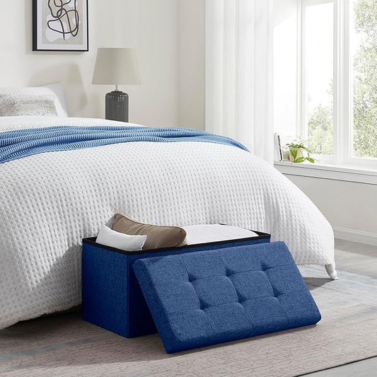 Ornavo Home Foldable Tufted Linen Large Storage Ottoman Bench Foot Rest Stool/Seat - 15" x 30" x 15" (Navy)