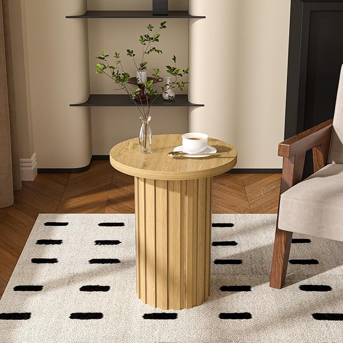 Farmhouse Pedestal End Table Round Side Table with Fluted Panel Rustic Drink Table for Small Space Living Room (Wood Color)