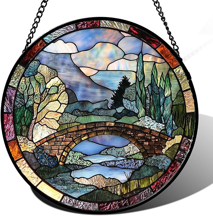 Stained Glass Window Hanging, Blue Landscape Arch Bridge Sun Catcher for Door Home Decor Suncatcher Christmas Mother's Day Birthday Gifts for Women Men Mom and Nana 7.8 in