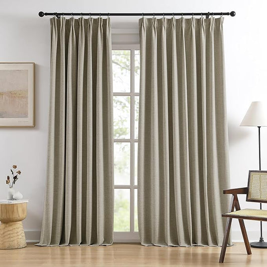 RAIN CITY Taupe Blackout Linen Blend Curtains 2 Panels,70 Wide Back Tab Pinch Pleated Look Window Drapes with Hooks,Track System Curtain Panels for Sliding Door Modern Farmhouse 70x96 Inch 70x8ft