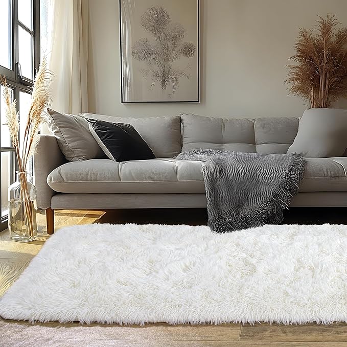 Runner Rugs for Bedroom 2x6 Rug Runners for Hallways Non Slip Soft Shag Bedside Rug, Fluffy Area Rug Throw Rugs for Living Room, Floor Carpet Runner for Nursery Kids Dorm, Cream White