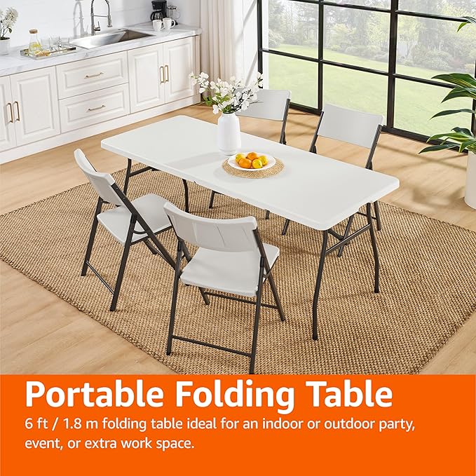 Amazon Basics Heavy Duty Portable Folding Table 6 ft with Carrying Handle, Indoor & Outdoor, White