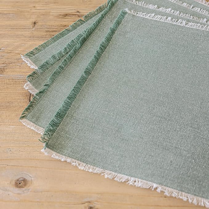 Over&Back Set of 4 Woven Frayed Chambray Placemats - Colorful Dining Table Mat - Hand-Finished Frayed Edges - 100% Cotton - Machine Washable - Kitchen and Home Decor - Green - 14" L X 20" W