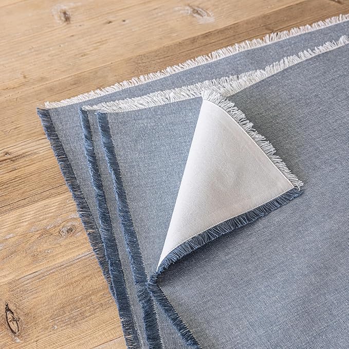 Over&Back Set of 4 Woven Frayed Chambray Placemats - Colorful Dining Table Mat - Hand-Finished Frayed Edges - 100% Cotton - Machine Washable - Kitchen and Home Decor - Blue - 14" L X 20" W