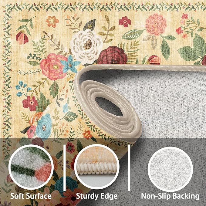 Floral Hallway Runner Carpet Non-Slip, 2x10 Washable Rug Ultra-Thin Soft for Hallways, Kitchen Mat Stain Resistant for Entryway Bathroom (2 x 10, Yellow Lawn)