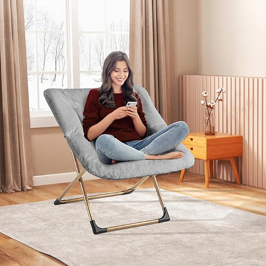 Comfy Oversized Saucer Chair, Soft Faux Fur Reading Lounge Chair for Adults, Stable X-Large Metal Frame and Non-Slip Pad, Foldable Cozy Chairs for Bedroom, Living Room, Dorm, Light Gray