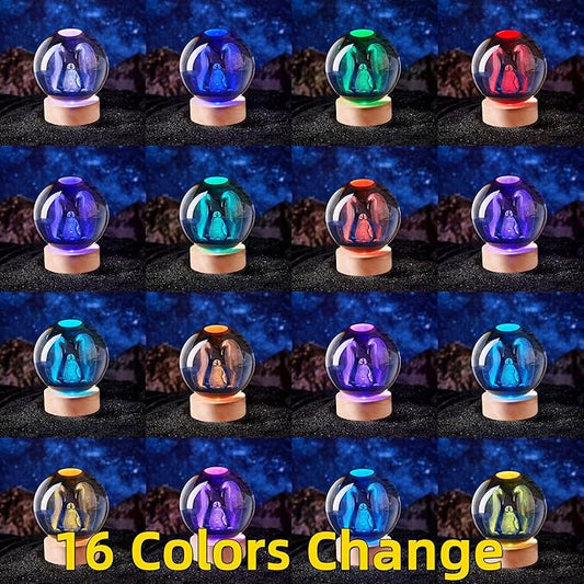 Penguin Crystal Ball Lamp with LED Wooden Base, 16 Colors Change & Remote Control Crystal Ball Night Light, Upgraded 3.15 Inch Glass Light, Gift for Kids Wife Girlfriend (Penguin)
