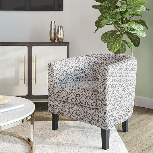 BELLEZE Accent Barrel Chair, Linen Round Chair Club Tub Sofa Corner Chair with Flared Legs and Cozy Soft Padding for Living Room Bedroom Waiting Room - White & Brown