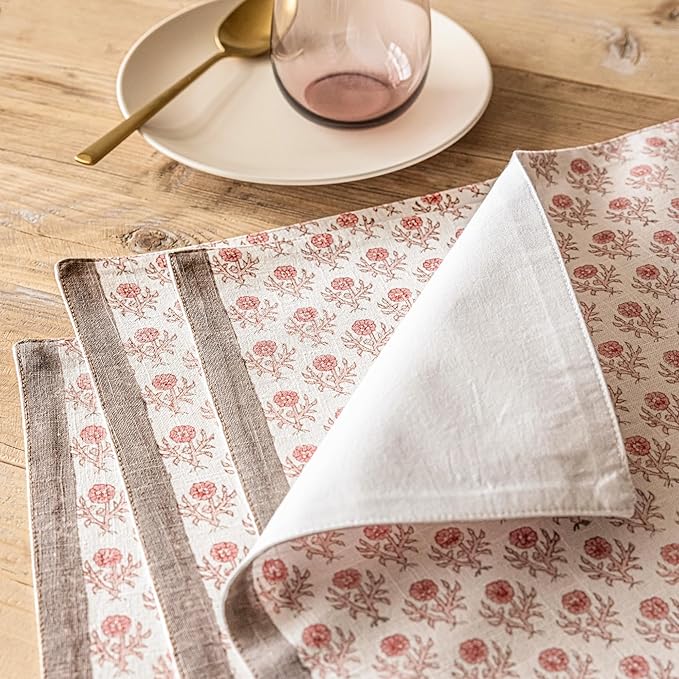 Over&Back Set of 4 Hand-Blocked Placemats - Colorful Dining Table Mat - Each Placemat is Unique - 100% Cotton - Machine Washable - Kitchen and Home Decor - Pink Blossom