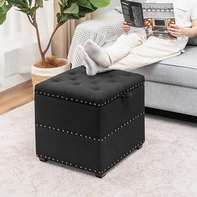 Adeco 18" Black Square Storage Ottoman with Tray, Small Cube Ottoman Coffee Table with Decorative Fashion Paris Nails, Dorm Room, Bedroom, or Living Room