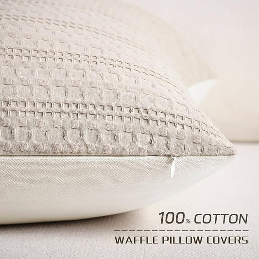 ZeeMart 100% Cotton Waffle Textured Throw Pillow Covers Set of 2, 16x16 Inch Taupe, Soft Farmhouse Decorative Couch Pillow Cases Light Brown Cushion Covers for Sofa Bed Living Room Home Decor