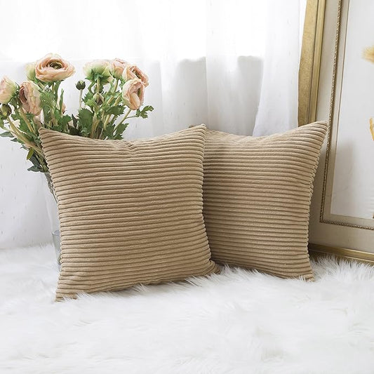 Home Brilliant 18x18 Throw Pillow Covers Decorative Set of 2 Soft Velvet Corduroy Striped Square Cushion Cover for Bench Couch Decor, 18 x 18 inch, Taupe