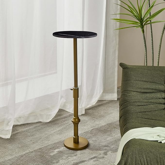 Adjustable-Height Drink Table, Marble Pedestal Side Table, Modern Round End Table, Cocktail Accent Table with Metal Brass Base, Small Side Table for Small Spaces (Black)