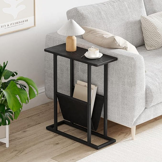 Yusong Small Narrow Side Table for Small Spaces, 17.7" W Slim End Table Nightstand with Storage Holder, Accent Skinny Snack Couch Bedside Table, Black Oak, Complete Iron Pipes
