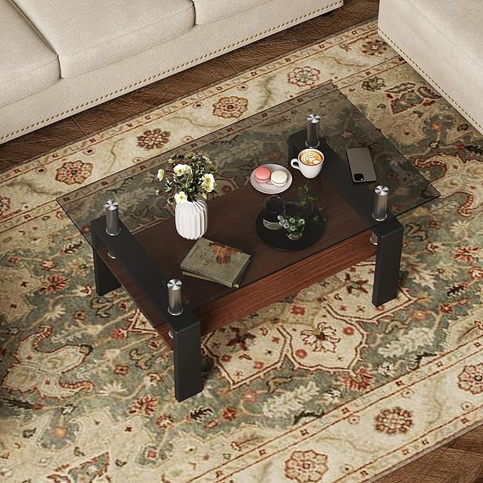 Modern Coffee Table with Tempered Glass Top, MDF Shelf and Metal Legs, Two-Tier Living Room Table, Sturdy Coffee Table for Small Spaces, Lounge, or Office (Grey Glass+Brown+Black)