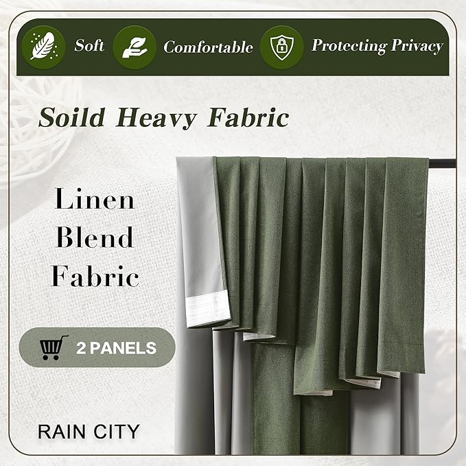RAIN CITY Dark Olive Green Blackout Curtains Linen 63 Inches Long 2 Panels Set, Back Tab Pleated Look Thermal Insulated Curtains & Drapes for Living Room - Loden/Olive Forest W50 x L63