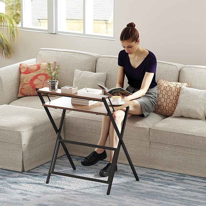 HOMCOM Small Folding Desk, 27.6 Inch Foldable Computer Desk with Monitor Shelf, Space Saving Portable Writing Table for Small Spaces, Home Office, Study, Easy Assembly, Walnut