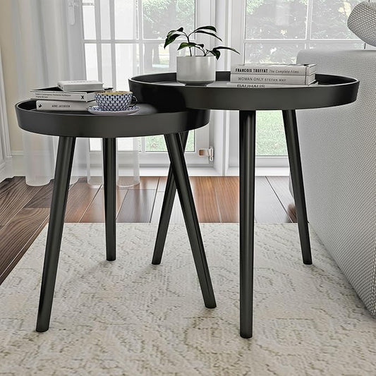 Nesting Side Tables - Set of 2 Round End Tables for Living Room, Bedroom, or Home Office - Accent Table Set with Tray Tops - Mid-Century Modern Living Room Furniture by Lavish Home (Black)