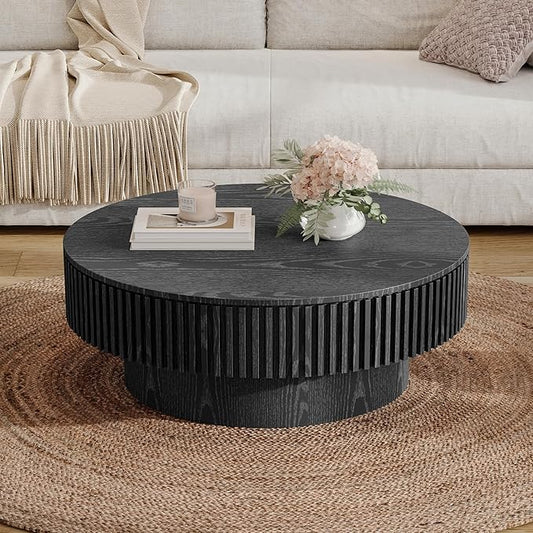 31.5 Inch Round Drum Coffee Table with Storage, Handcraft Fluted Drum Coffee Table, Modern Wooden Round Coffee Table Center Table with Sturdy Pedestal for Living Room Apartment (Black)