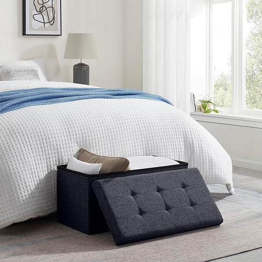 Ornavo Home Foldable Tufted Linen Large Storage Ottoman Bench Foot Rest Stool/Seat - 15" x 30" x 15" (Black)