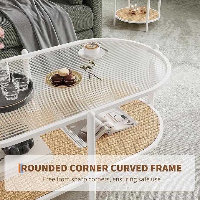 Boho Rattan Coffee Table with Glass Top, 2-Tier Oval Center Table with Metal Frame & Storage Shelf, Rustic Farmhouse Living Room Accent Tea Table for Apartment, Bedroom, Office White