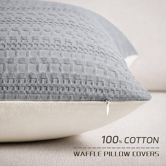 ZeeMart 100% Cotton Waffle Textured Throw Pillow Covers Set of 2, 20x20 Inch Blue Ashes, Soft Farmhouse Decorative Couch Pillow Cases Dusty Blue Cushion Covers for Sofa Bed Living Room Home Decor