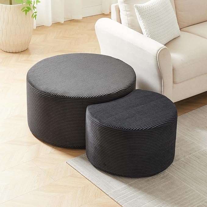 WILLIAMSPACE 50" Foam Nesting Coffee Table Set of 2, Modern Upholstered Round Center Tables for Living Room, Accent Side Tea Table Ottoman, No Assembly - Black