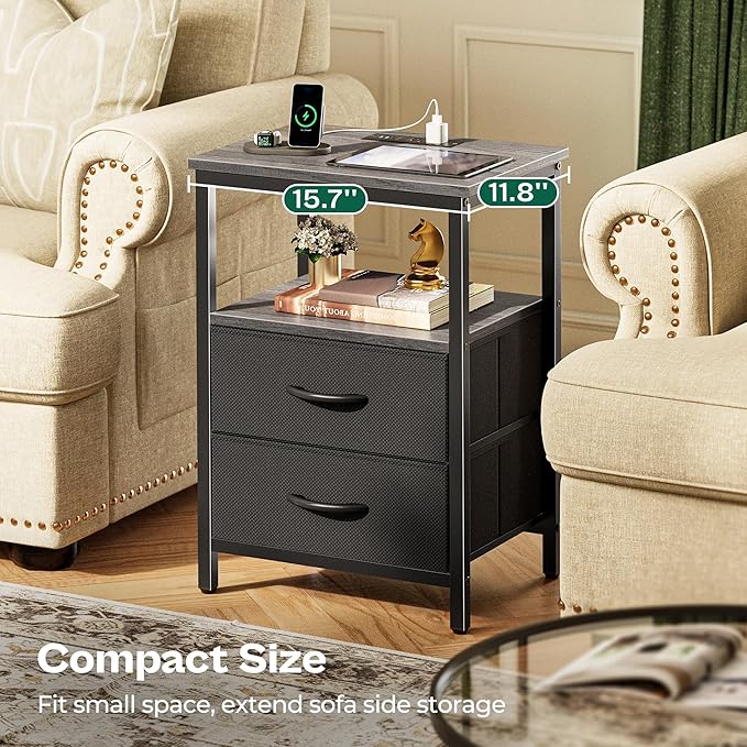 Huuger Night Stand with Charger Station and LED Lights, 2 Drawer Nightstand, Bed Side Table with Open Shelf, End Table, Fabric Dresser for Bedroom, Grey