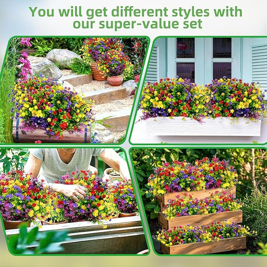 12 Bundles Artificial Flowers for Outdoors UV Resistant, Artificial Flowers Outdoor Decoration, No Fade Faux Fake Flowers Greenery Shrub Plants for Garden Home Front Porch Window Hanging Decor