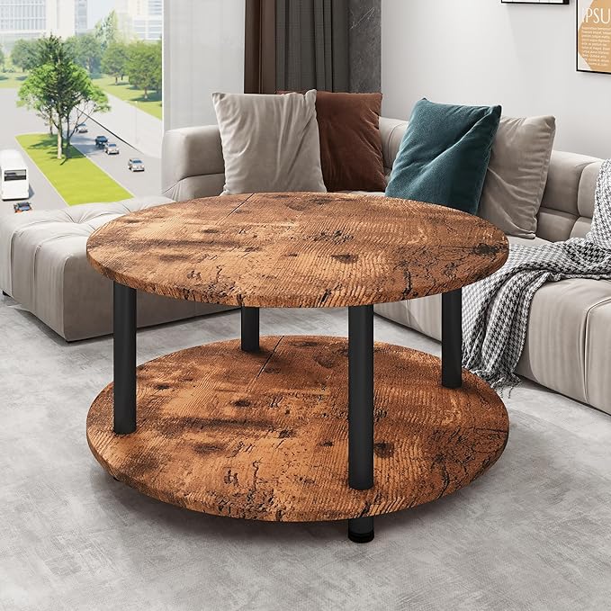 23.6" Round Coffee Table, 2-Tier Small Circle Coffee Table with Storage, Modern Center Accent Table with Metal Frame, Side Table End Table for Small Space, Living Room, Office, Rustic Brown