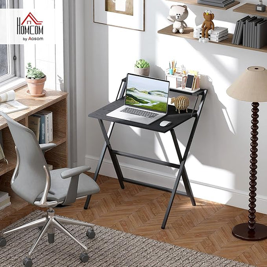 HOMCOM Small Folding Desk, 27.6 Inch Foldable Computer Desk with Monitor Shelf, Space Saving Portable Writing Table for Small Spaces, Home Office, Study, Easy Assembly, Black