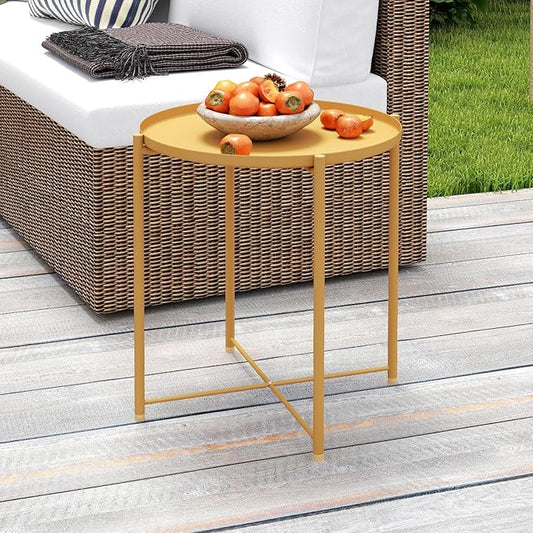 HollyHOME Round Metal Side Table, Outdoor Small Folding Accent Stand with Removable Tray, 17.72'' Portable End Table for Balconies, Gardens, Living Rooms and Bedrooms, Yellow