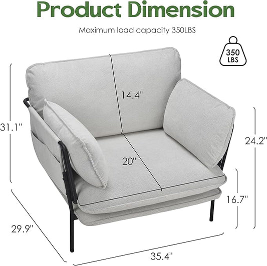 Modern Accent Chairs Set of 2, Oversized Living Room Chairs, Reading Chair with Solid Metal Legs, Fabric Armchair with Side Pockets and 2 Pillows, Accent Chairs for Bedroom, Nursery, White