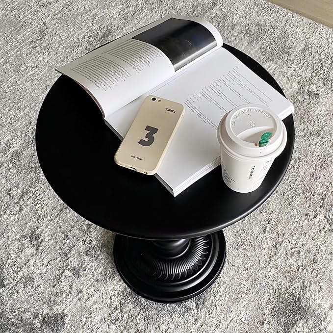 Metal Small End Table,Vintage Matte Black Round Side Table Nightstand for Bedside or Sofa,Small Accent Pedestal Table for Living Room Corners Bedroom Patio and bar (Matte Black)