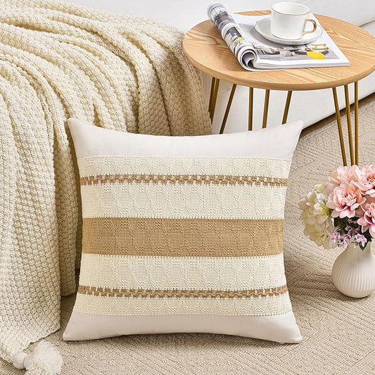 Fancy Homi Set of 2 Tan Neutral Decorative Throw Pillow Cover 18x18 Inch for Couch Bed Sofa, Aesthetic Modern Organic Farmhouse Boho Home Decor, Soft Cotton Cute Accent Macrame Taupe Cushion Case