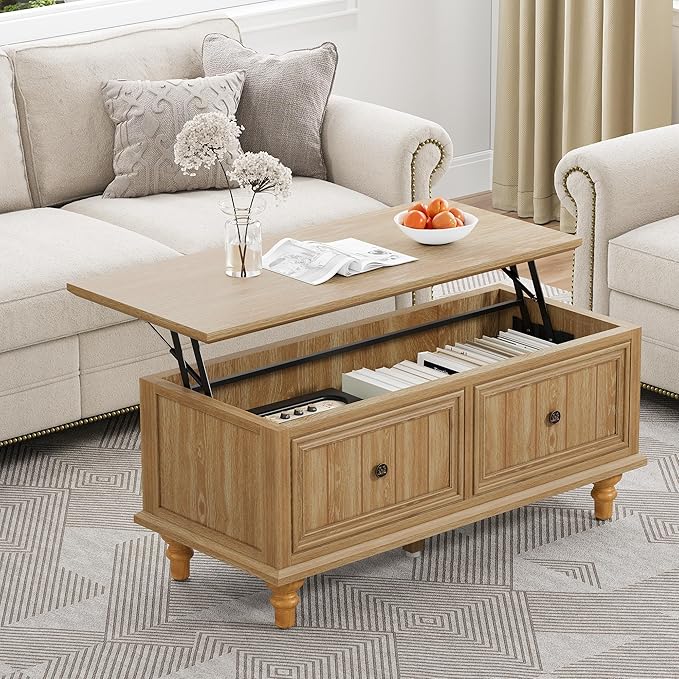 Lift Top Coffee Table for Hidden Compartment, 39" Wood Rectangular Center Table with Lift Tabletop, Sturdy Space-Saving Dining Table for Living Room Home Office Small Space (Natural)