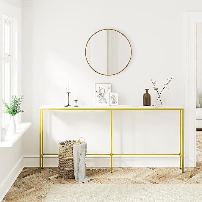 70.9" Console Table,Modern Extra Narrow Long Sofa Table Behind Couch,Skinny Entry Table with Gold Metal Frame for Living Room, Hallway,Marble White