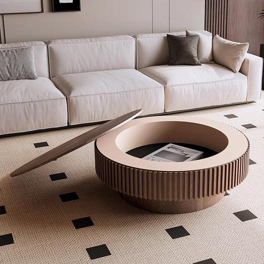 39.37 Inch Round Drum Coffee Table with Storage, Handcraft Fluted Drum Coffee Table, Modern Wooden Round Coffee Table Center Table with Sturdy Pedestal for Living Room Apartment(Walnut)