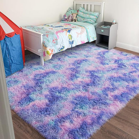 Rugs for Living Room 5x7, Soft Shaggy Modern Shag Area Rug for Bedroom, Upgrade Non-Slip Plush Fluffy Carpet for Kids Boys Girls Room Home Decor Aesthetic, Rainbow Purple