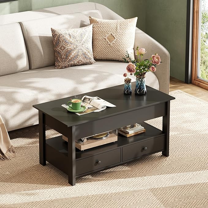 WLIVE Coffee Table, Lift Top Coffee Table with 2 Drawers, Large Hidden Hidden Compartment and Open Shelf, Lift Tabletop, Dining Table for Living Room, Black