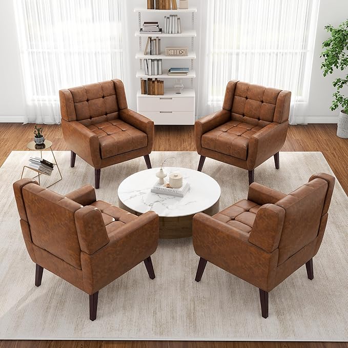 Pia Ricco 2 Pack Mid Century Modern Accent Chairs, Button Tufted Faux Leather Armchairs - Easy-Clean Matching Set for Living Room, Durable Sofa Chairs for Home Office & Lounge, Coffee