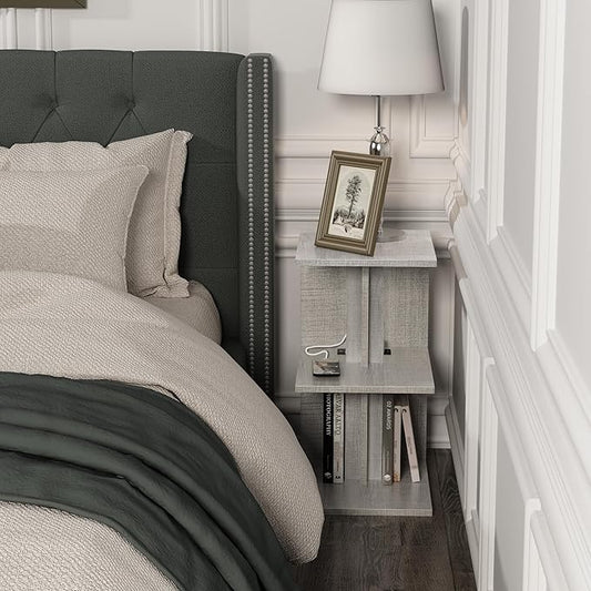 1 Pack Night Stand with Charging Station, Small Side Table for Couch, USB Ports and Outlet, End Table with 3-Layer Storage Shelves for Small Spaces, Living Room, Bedroom, Bedside (Gray)