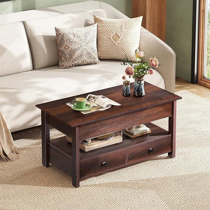 WLIVE Coffee Table, Lift Top Coffee Table with 2 Drawers, Large Hidden Hidden Compartment and Open Shelf, Lift Tabletop, Dining Table for Living Room, Espresso