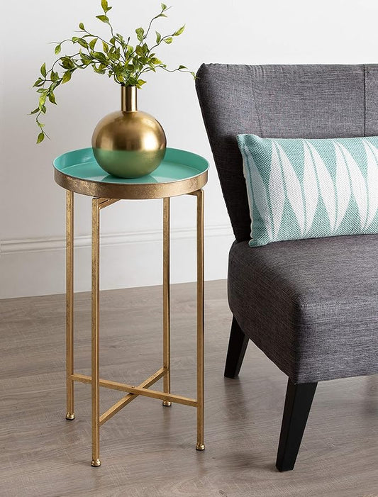 Kate and Laurel Celia Round Foldable Tray Accent Table, 14" x 14" x 25.75", Light Teal and Gold, Modern Minimalist Design and Magnetic Tabletop